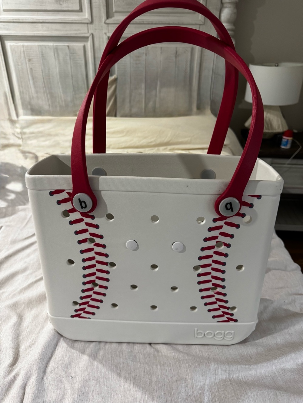 Bogg White Baseball Stitch Tote with Red Handles